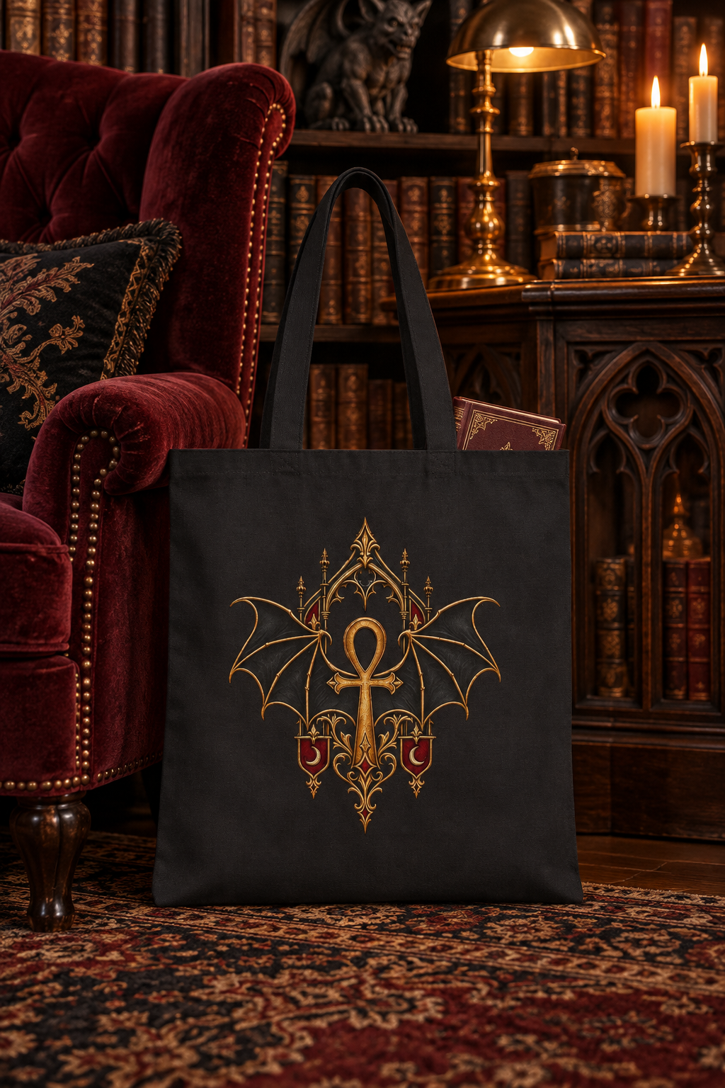 The Nocturne Crest | Gothic Black Canvas Tote