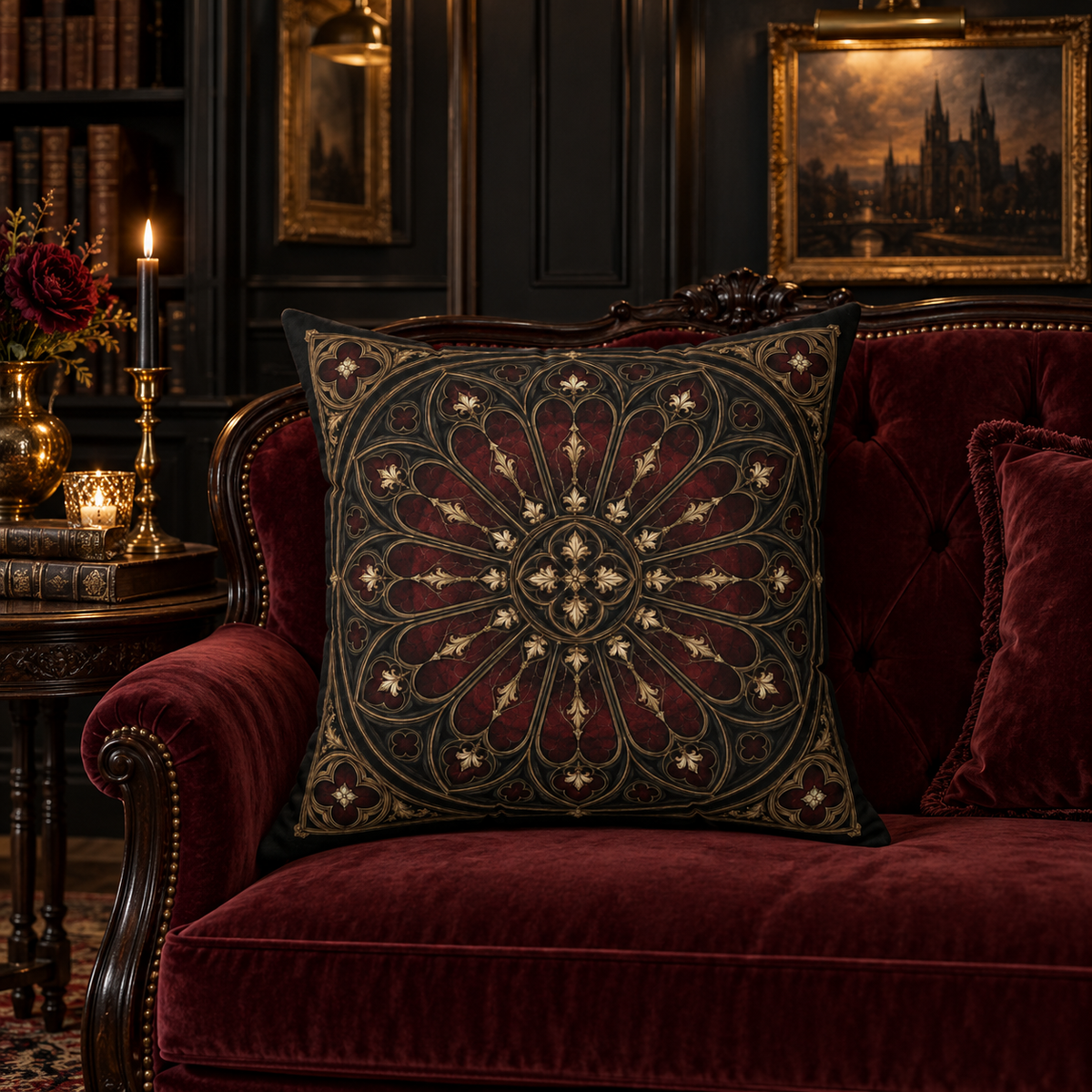 The Midnight Rose Window | Gothic Faux-Suede Pillow