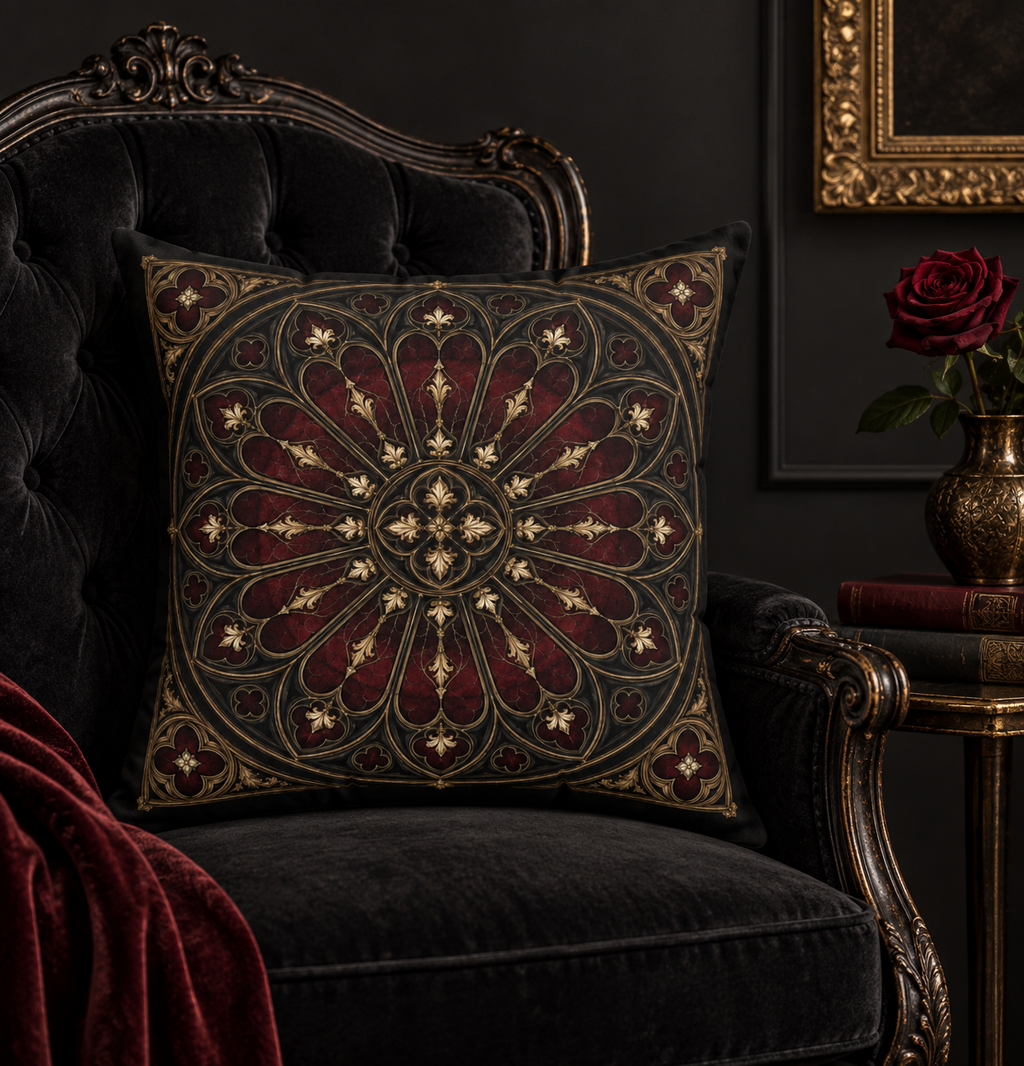 The Midnight Rose Window | Gothic Faux-Suede Pillow
