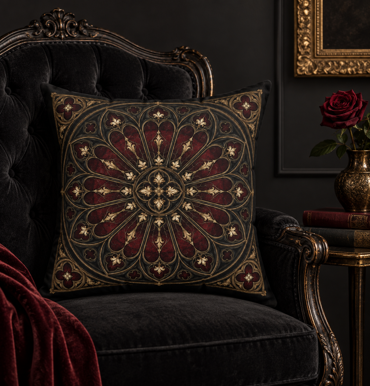 The Midnight Rose Window | Gothic Faux-Suede Pillow