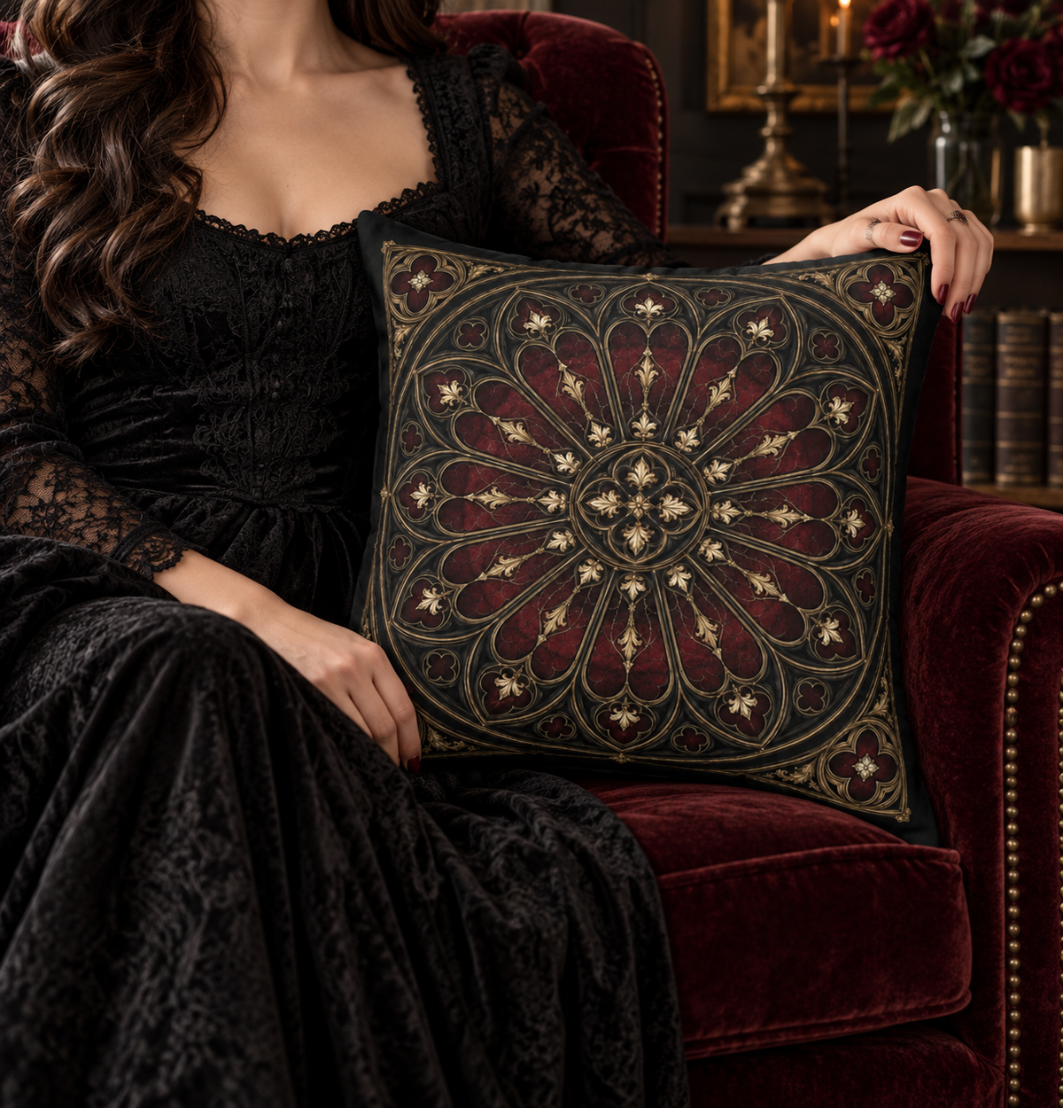 The Midnight Rose Window | Gothic Faux-Suede Pillow