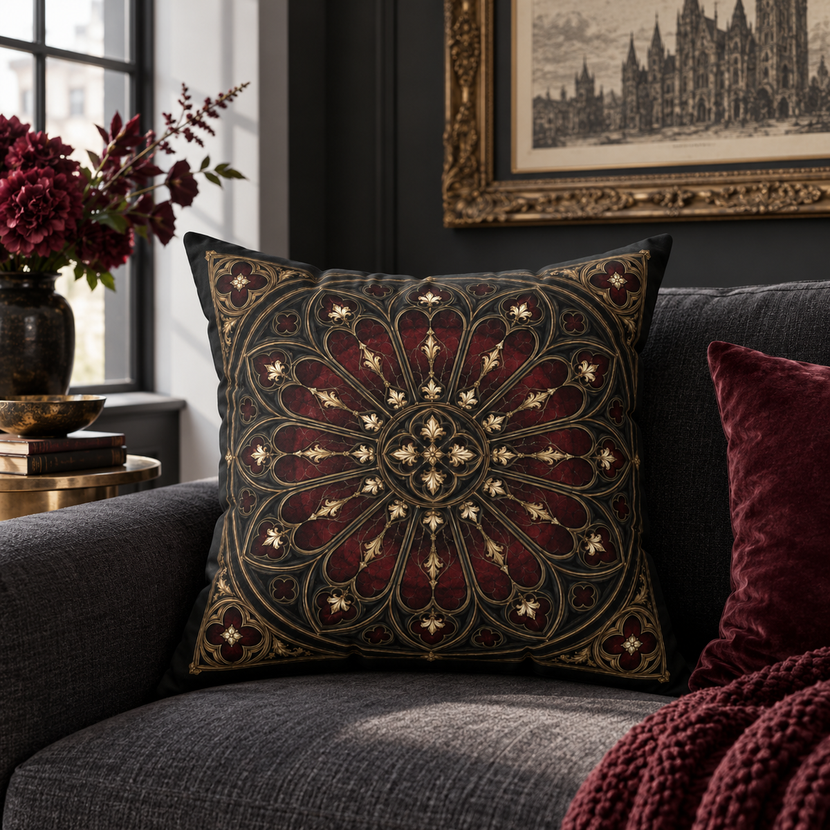 The Midnight Rose Window | Gothic Faux-Suede Pillow