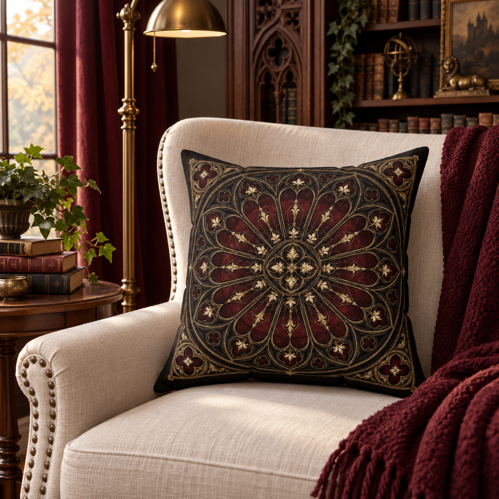 The Midnight Rose Window | Gothic Faux-Suede Pillow