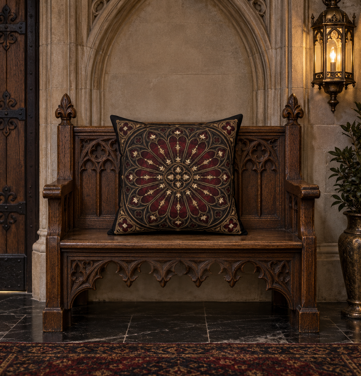 The Midnight Rose Window | Gothic Faux-Suede Pillow