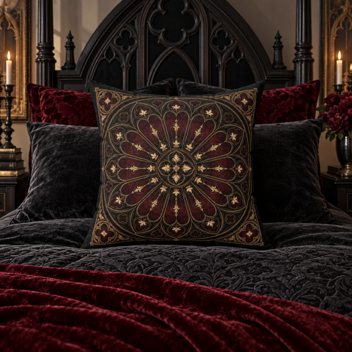 The Midnight Rose Window | Gothic Faux-Suede Pillow