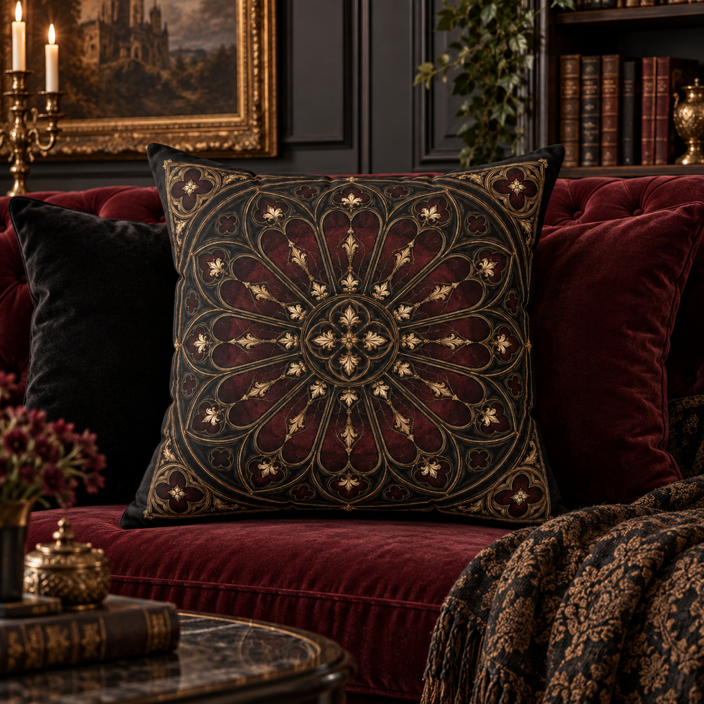 The Midnight Rose Window | Gothic Faux-Suede Pillow