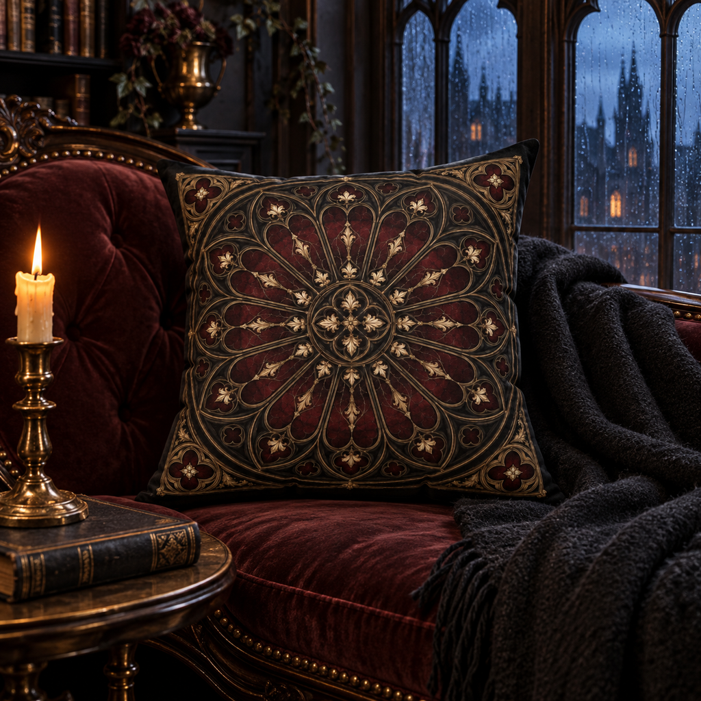 The Midnight Rose Window | Gothic Faux-Suede Pillow