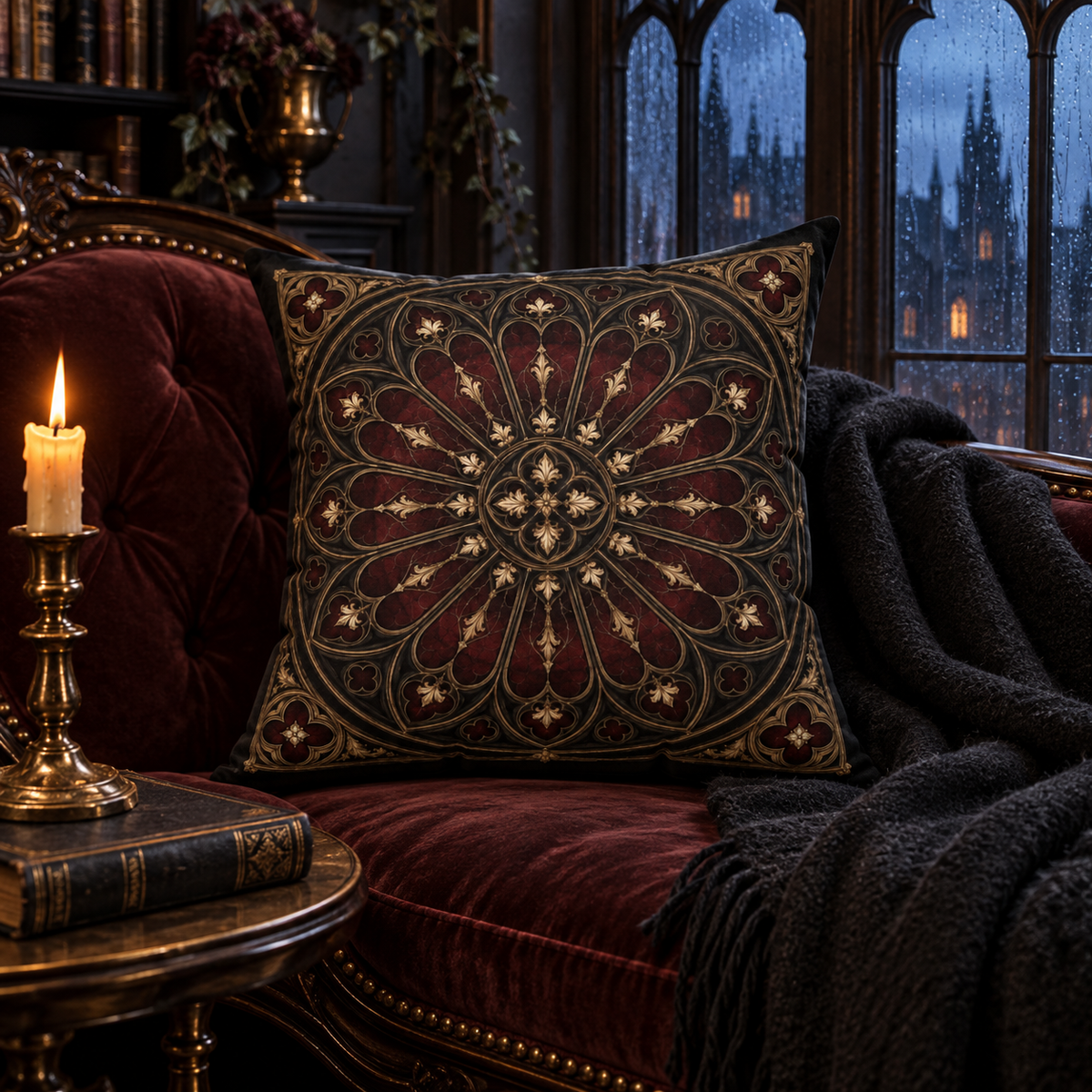 The Midnight Rose Window | Gothic Faux-Suede Pillow