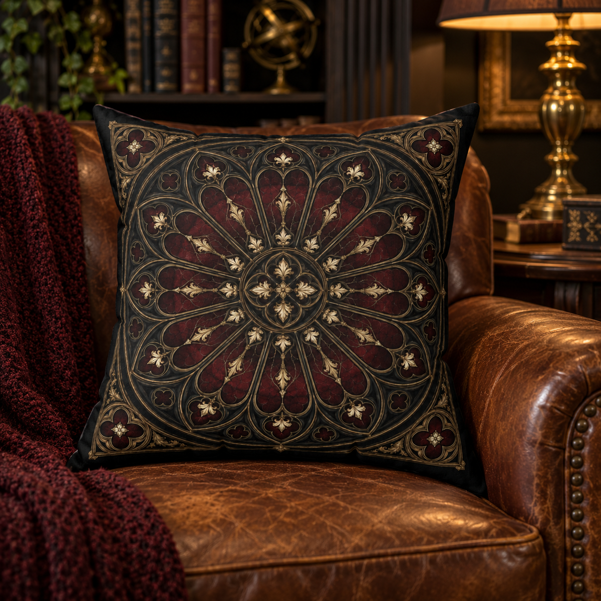 The Midnight Rose Window | Gothic Faux-Suede Pillow