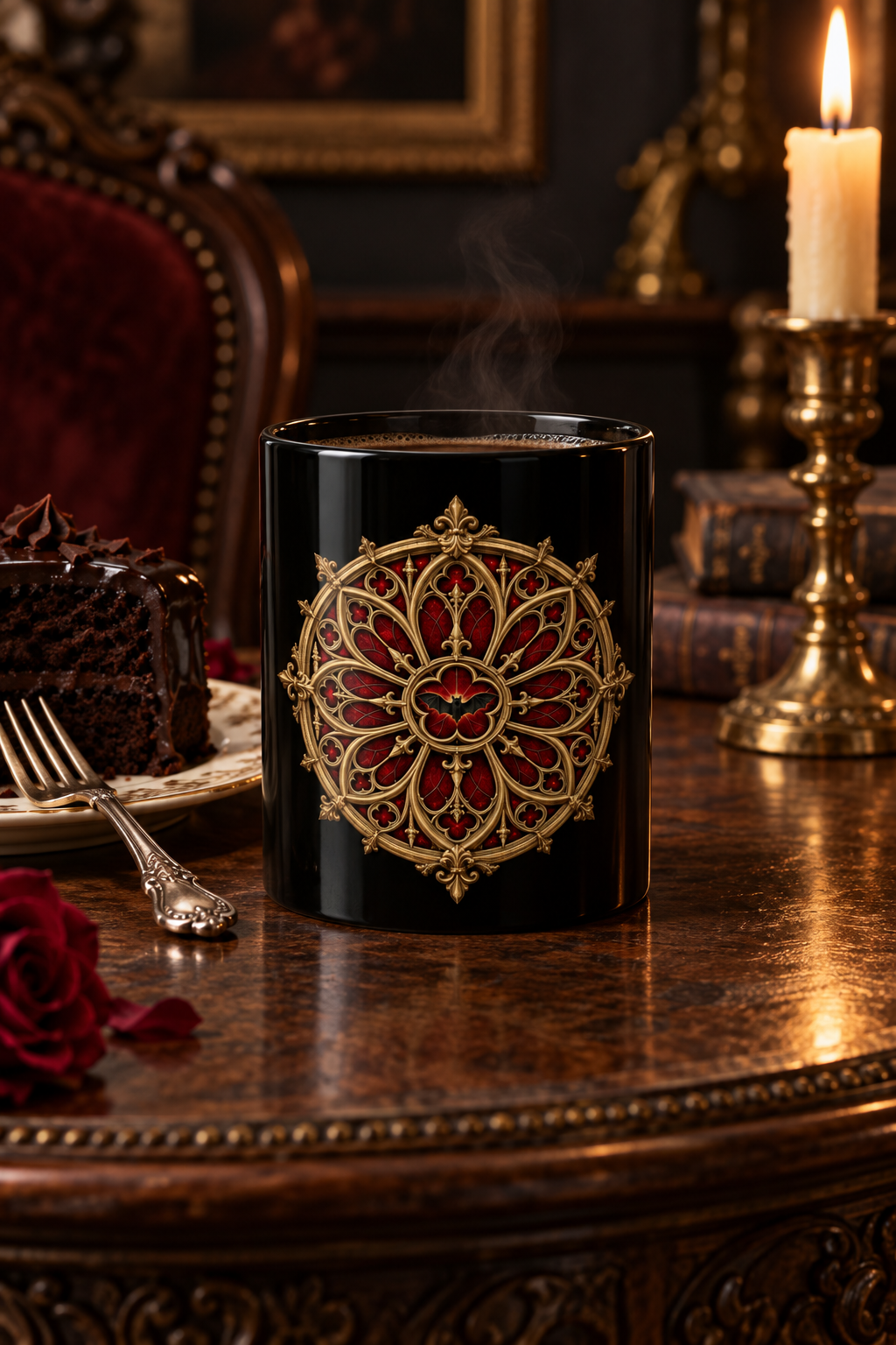 Gothic Rose Window Black Mug – Ornate Gold & Red Stained-Glass Design (11oz/15oz)