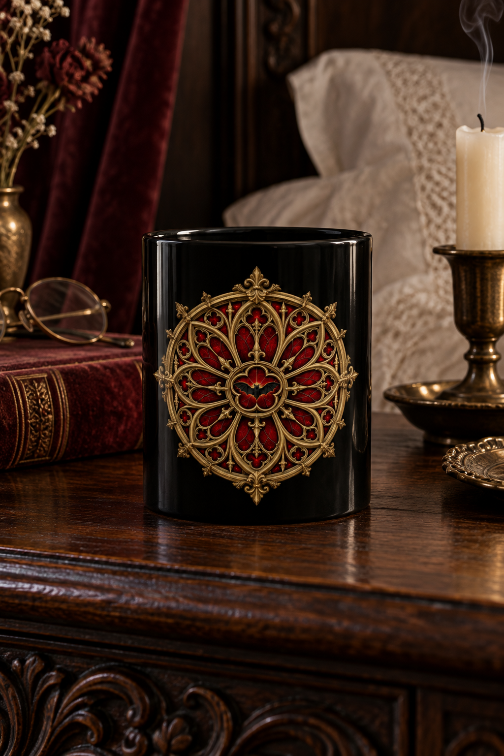 Gothic Rose Window Black Mug – Ornate Gold & Red Stained-Glass Design (11oz/15oz)