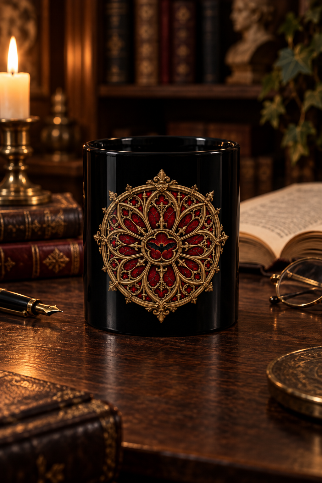 Gothic Rose Window Black Mug – Ornate Gold & Red Stained-Glass Design (11oz/15oz)