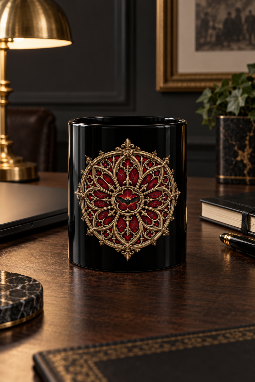 Gothic Rose Window Black Mug – Ornate Gold & Red Stained-Glass Design (11oz/15oz)