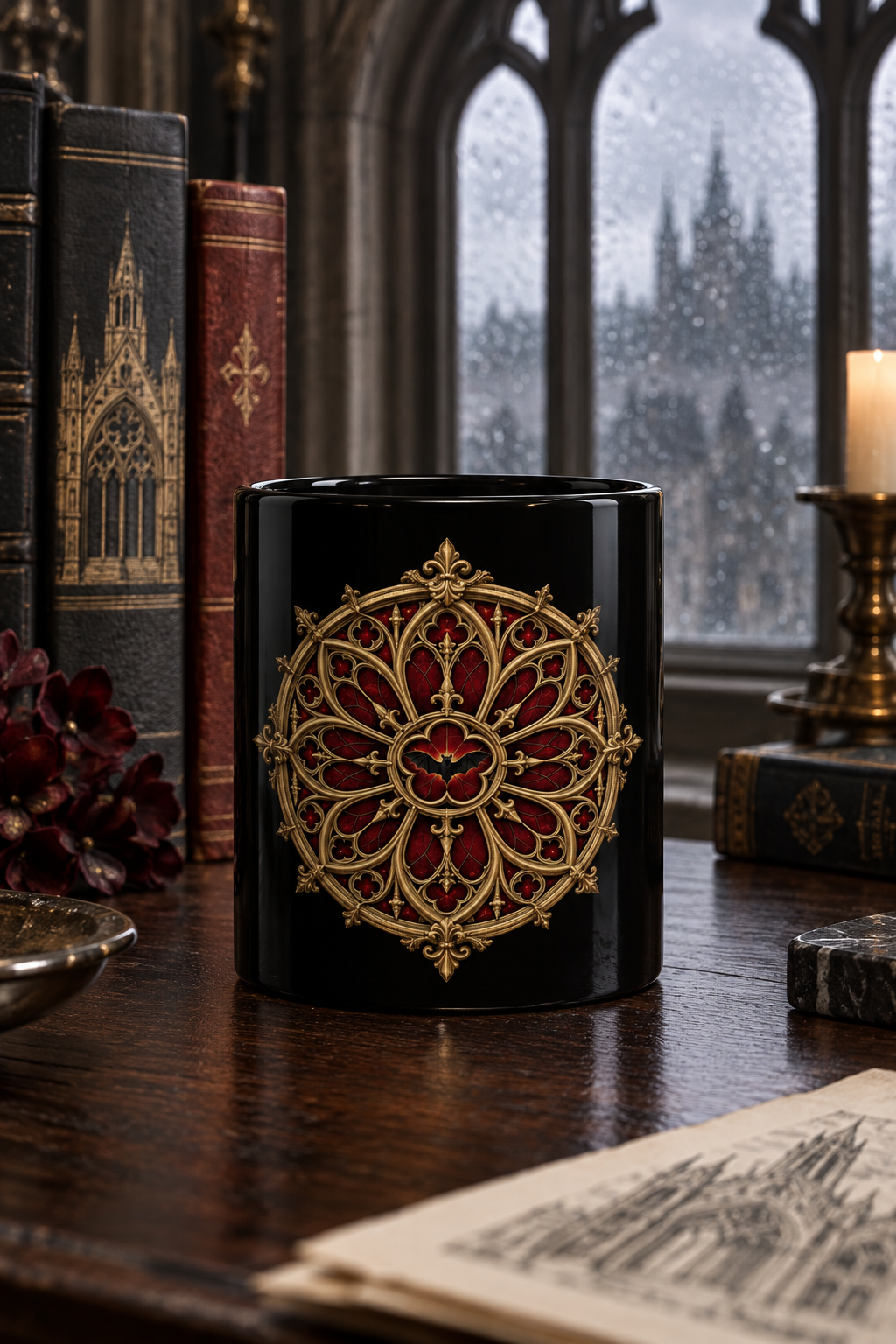 Gothic Rose Window Black Mug – Ornate Gold & Red Stained-Glass Design (11oz/15oz)