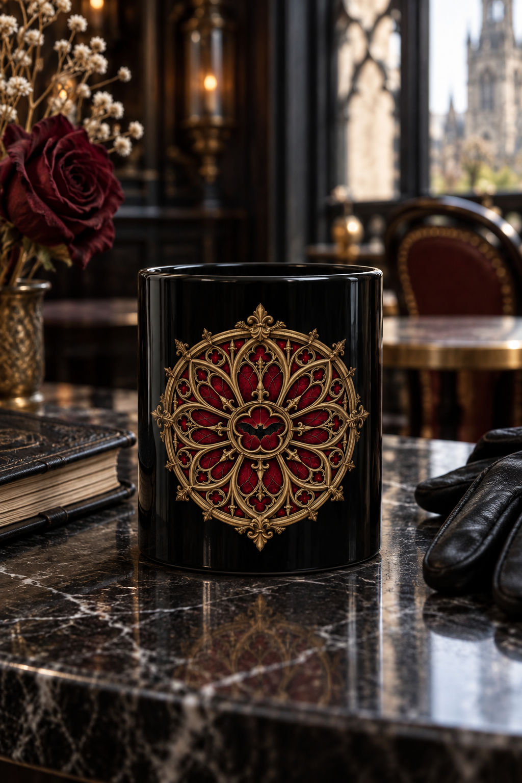 Gothic Rose Window Black Mug – Ornate Gold & Red Stained-Glass Design (11oz/15oz)