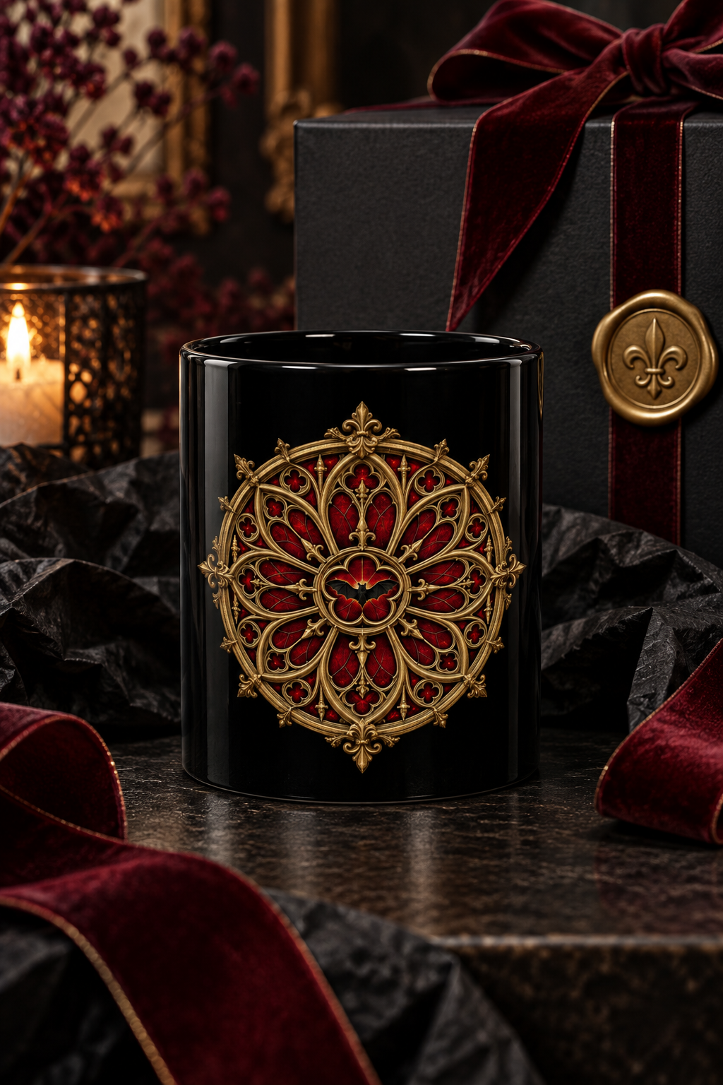 Gothic Rose Window Black Mug – Ornate Gold & Red Stained-Glass Design (11oz/15oz)