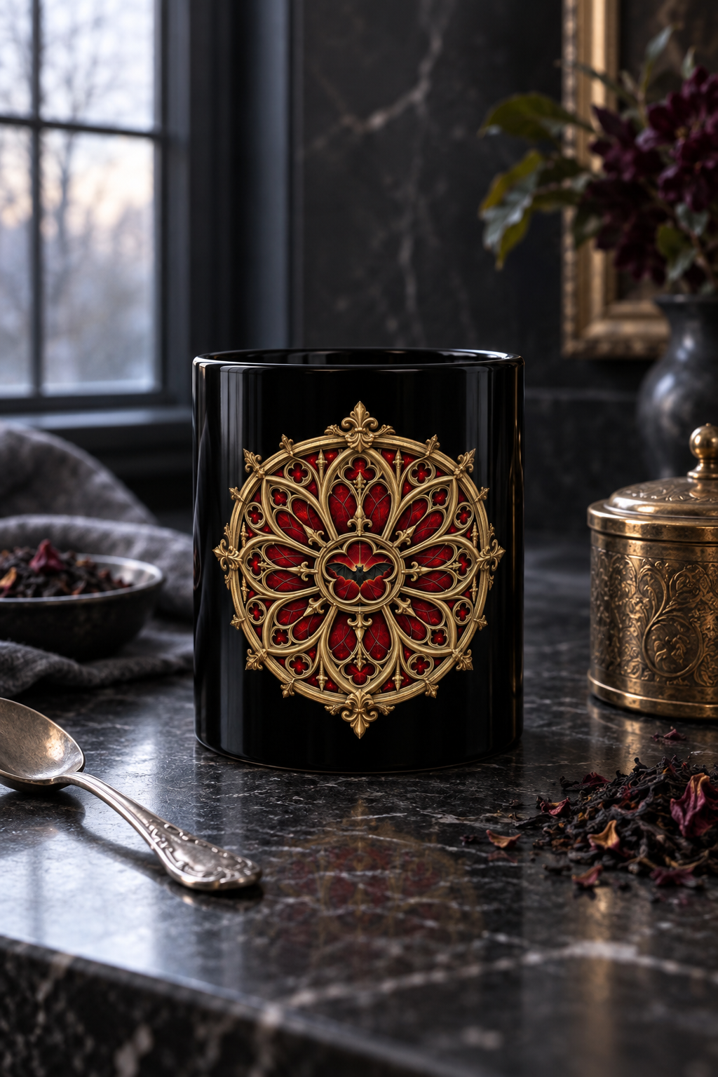 Gothic Rose Window Black Mug – Ornate Gold & Red Stained-Glass Design (11oz/15oz)