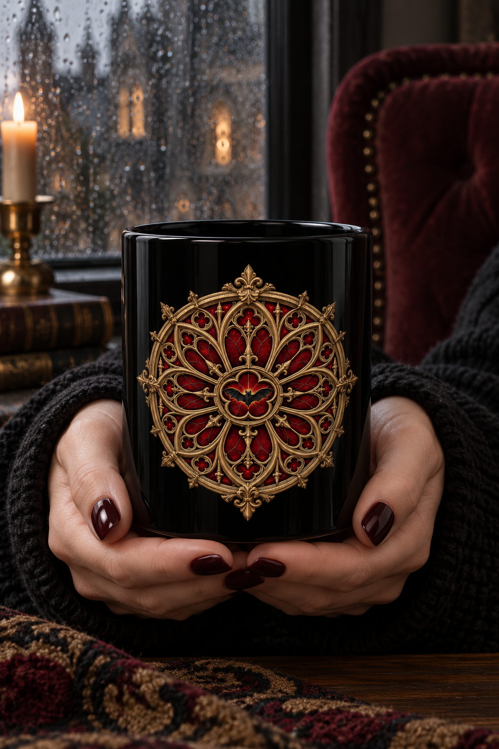 Gothic Rose Window Black Mug – Ornate Gold & Red Stained-Glass Design (11oz/15oz)