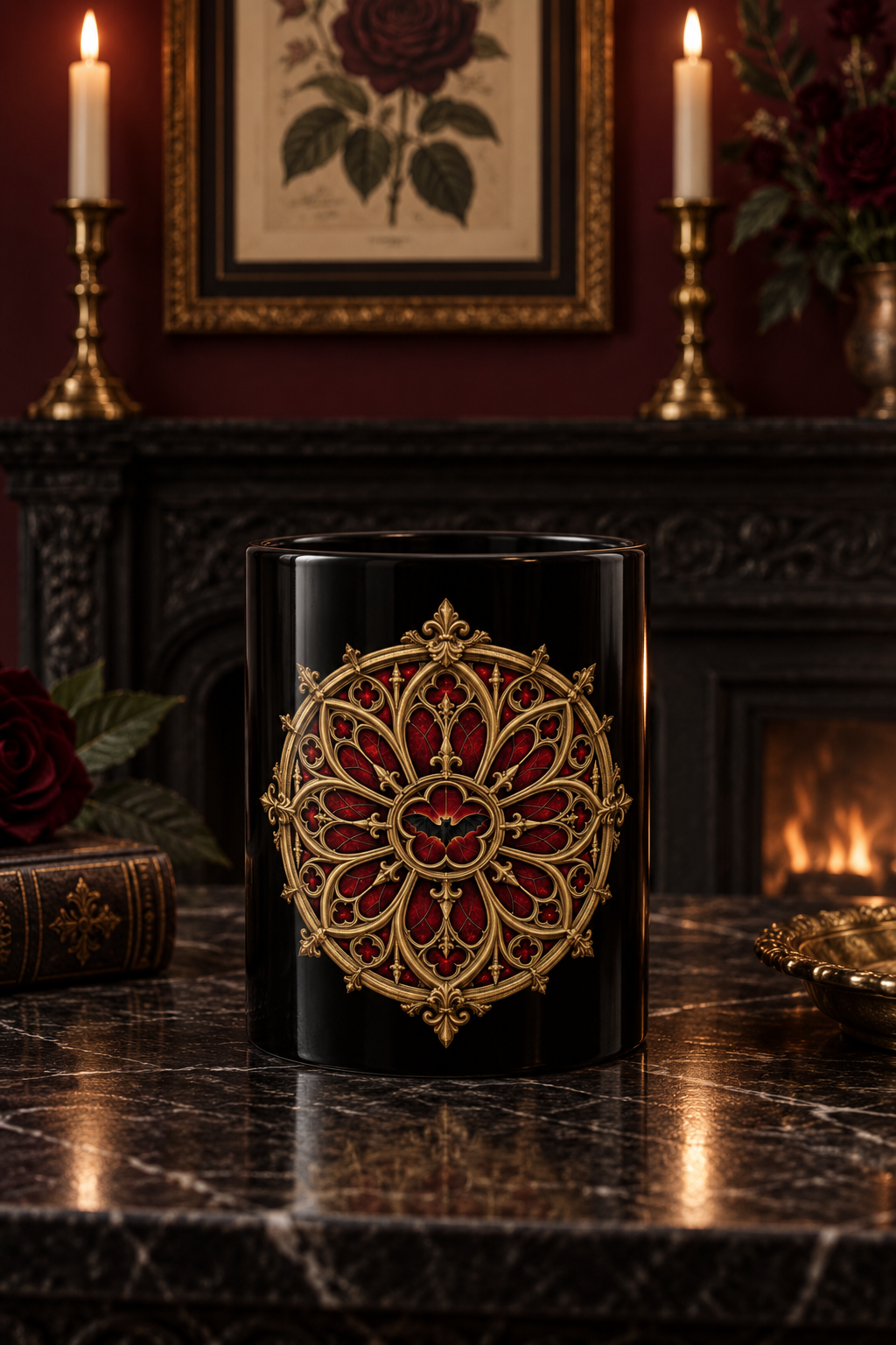 Gothic Rose Window Black Mug – Ornate Gold & Red Stained-Glass Design (11oz/15oz)