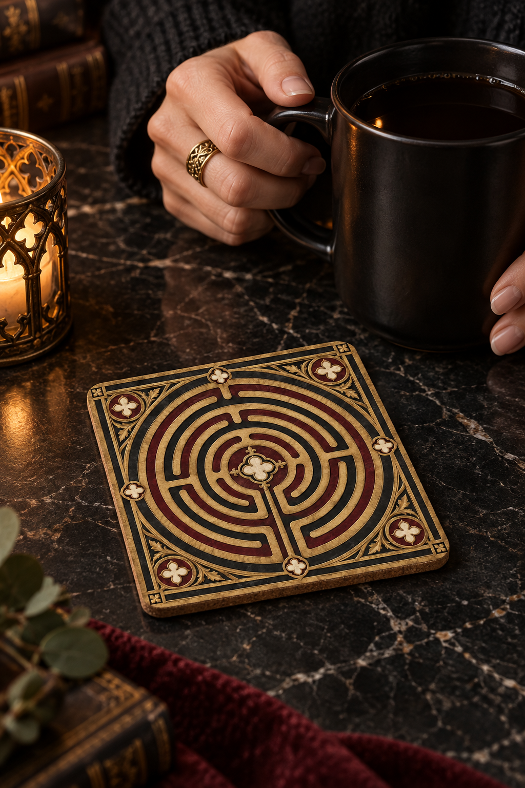 Labyrinth Corkwood Coaster Set — Vintage Maze Decorative Drink Coasters