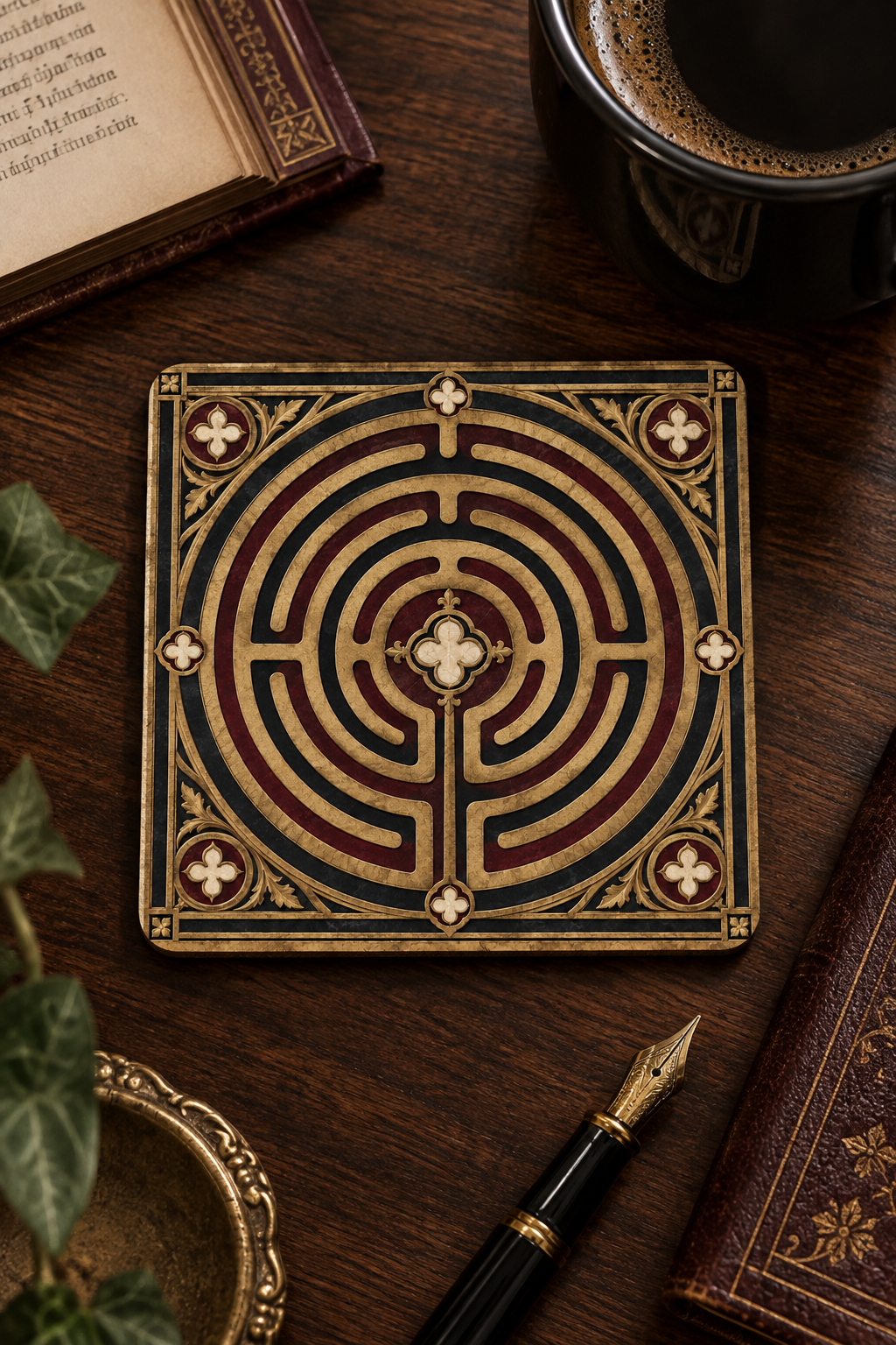 Labyrinth Corkwood Coaster Set — Vintage Maze Decorative Drink Coasters