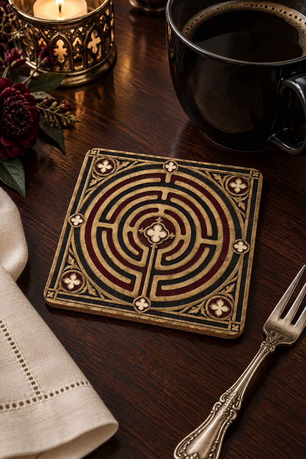 Labyrinth Corkwood Coaster Set — Vintage Maze Decorative Drink Coasters