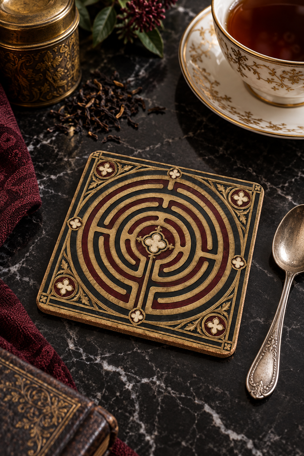 Labyrinth Corkwood Coaster Set — Vintage Maze Decorative Drink Coasters