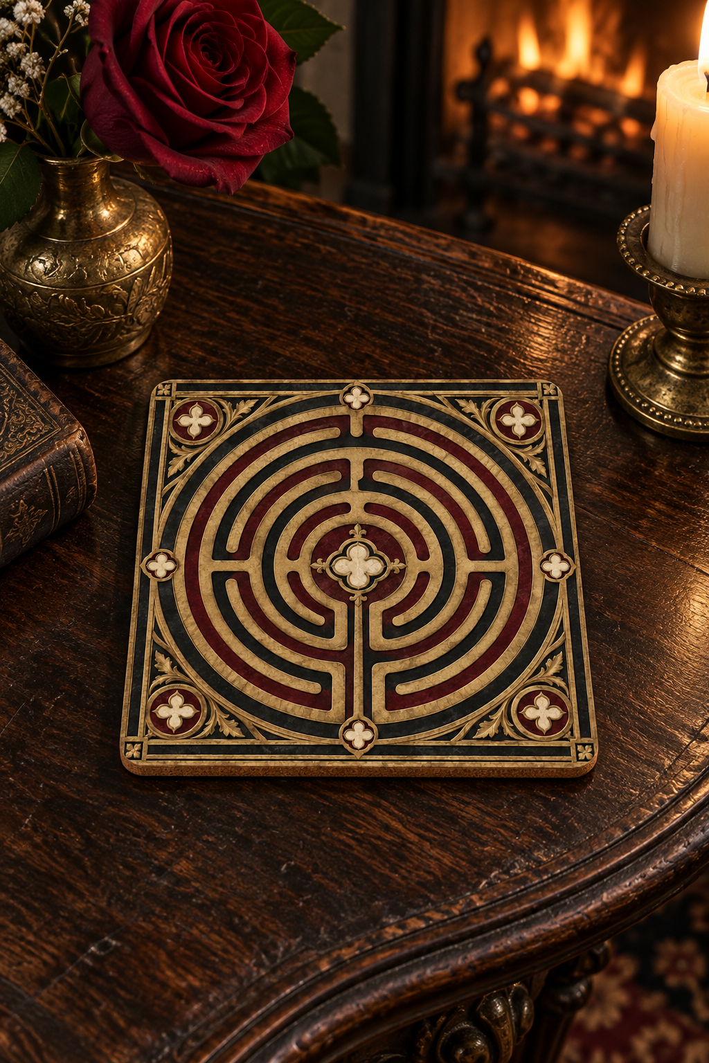 Labyrinth Corkwood Coaster Set — Vintage Maze Decorative Drink Coasters