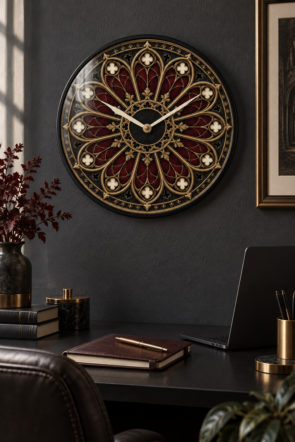Gothic Ornate Wall Clock – Dark Victorian Home Décor, Silent Mechanism, 10" Wood & Plexiglass