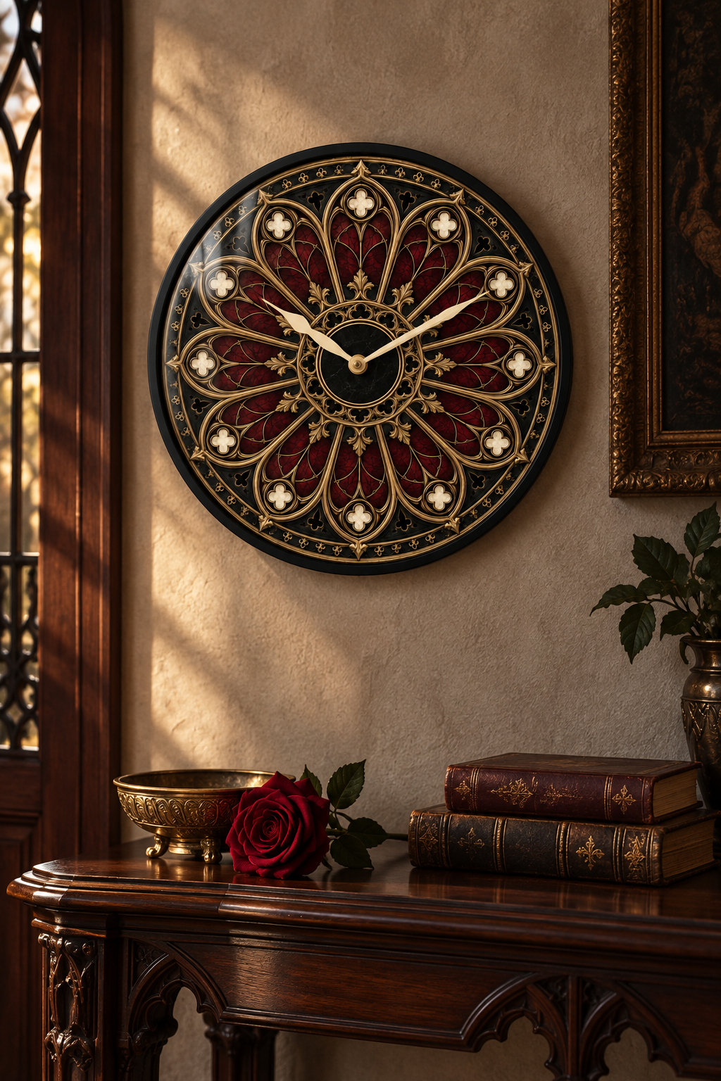 Gothic Ornate Wall Clock – Dark Victorian Home Décor, Silent Mechanism, 10" Wood & Plexiglass