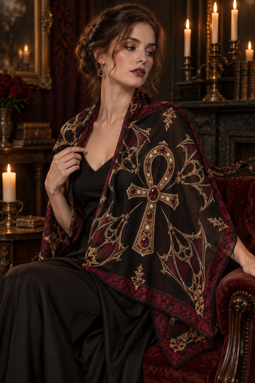Gothic Ankh Silk-Feel Scarf — Ornate Egyptian Cross Pattern, Vintage Dark Red & Gold