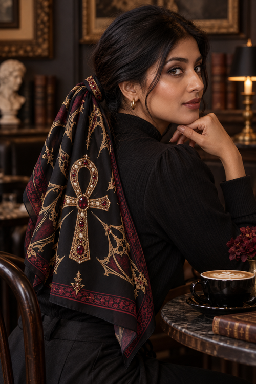 Gothic Ankh Silk-Feel Scarf — Ornate Egyptian Cross Pattern, Vintage Dark Red & Gold