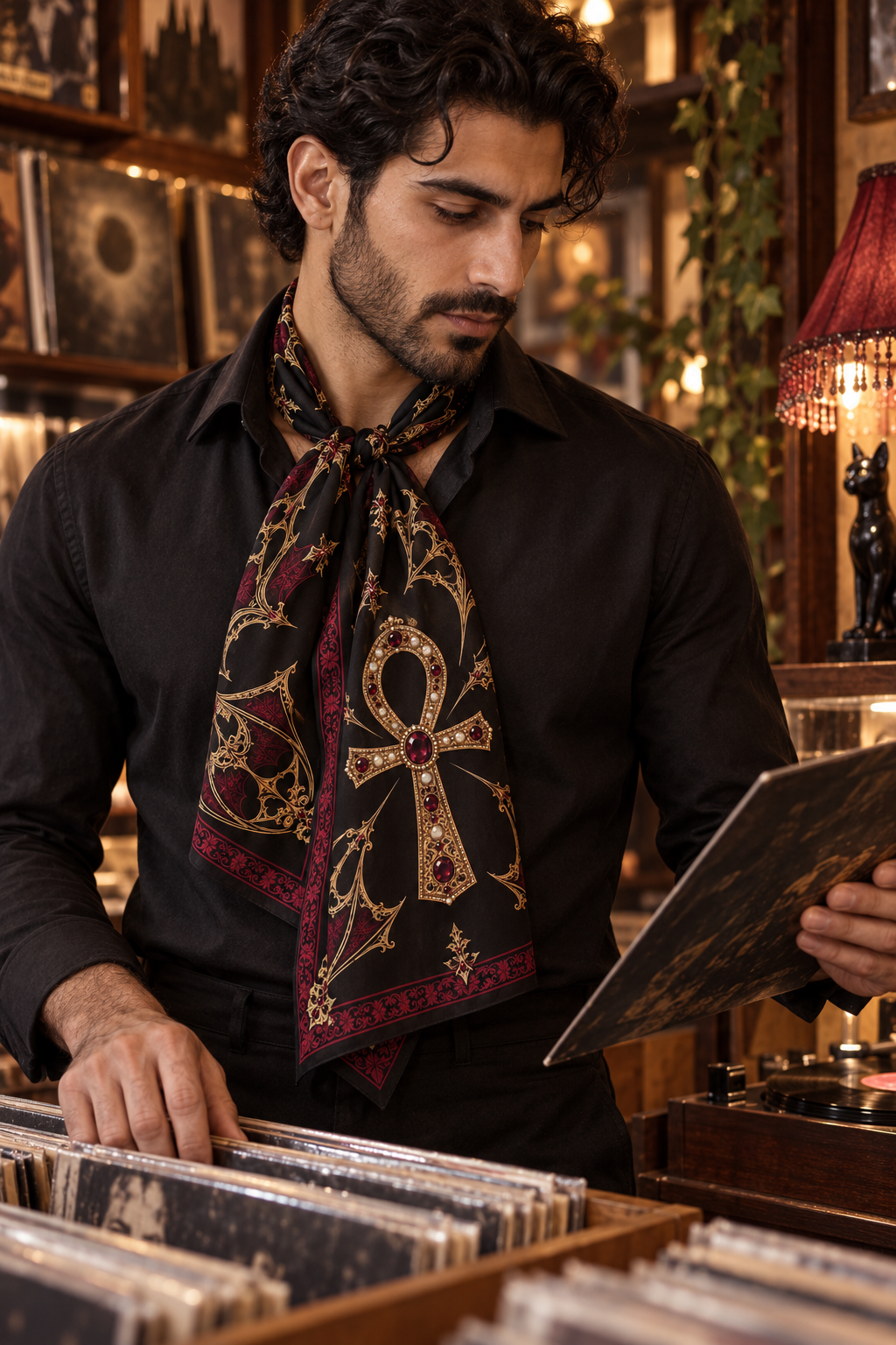 Gothic Ankh Silk-Feel Scarf — Ornate Egyptian Cross Pattern, Vintage Dark Red & Gold