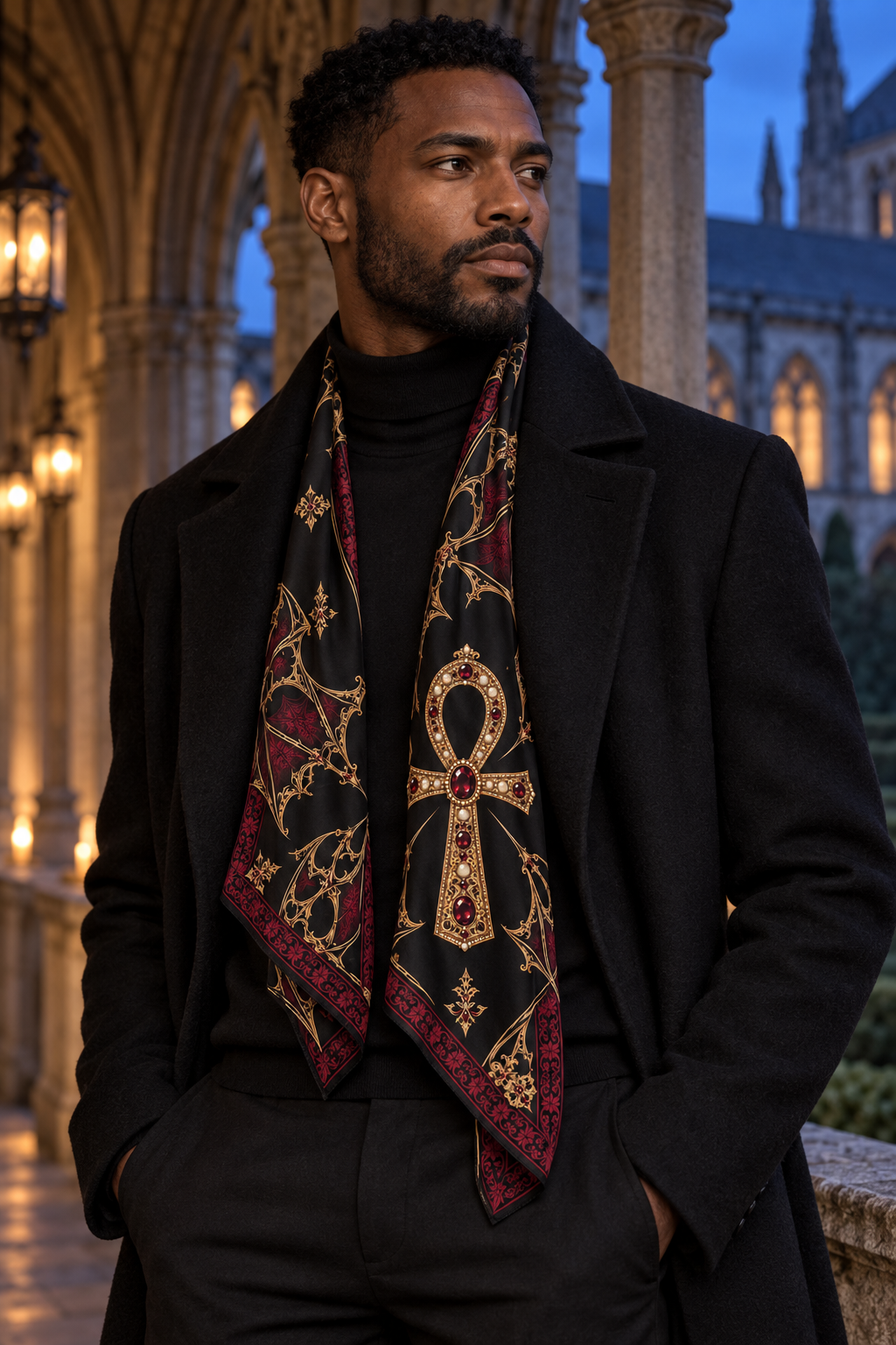 Gothic Ankh Silk-Feel Scarf — Ornate Egyptian Cross Pattern, Vintage Dark Red & Gold