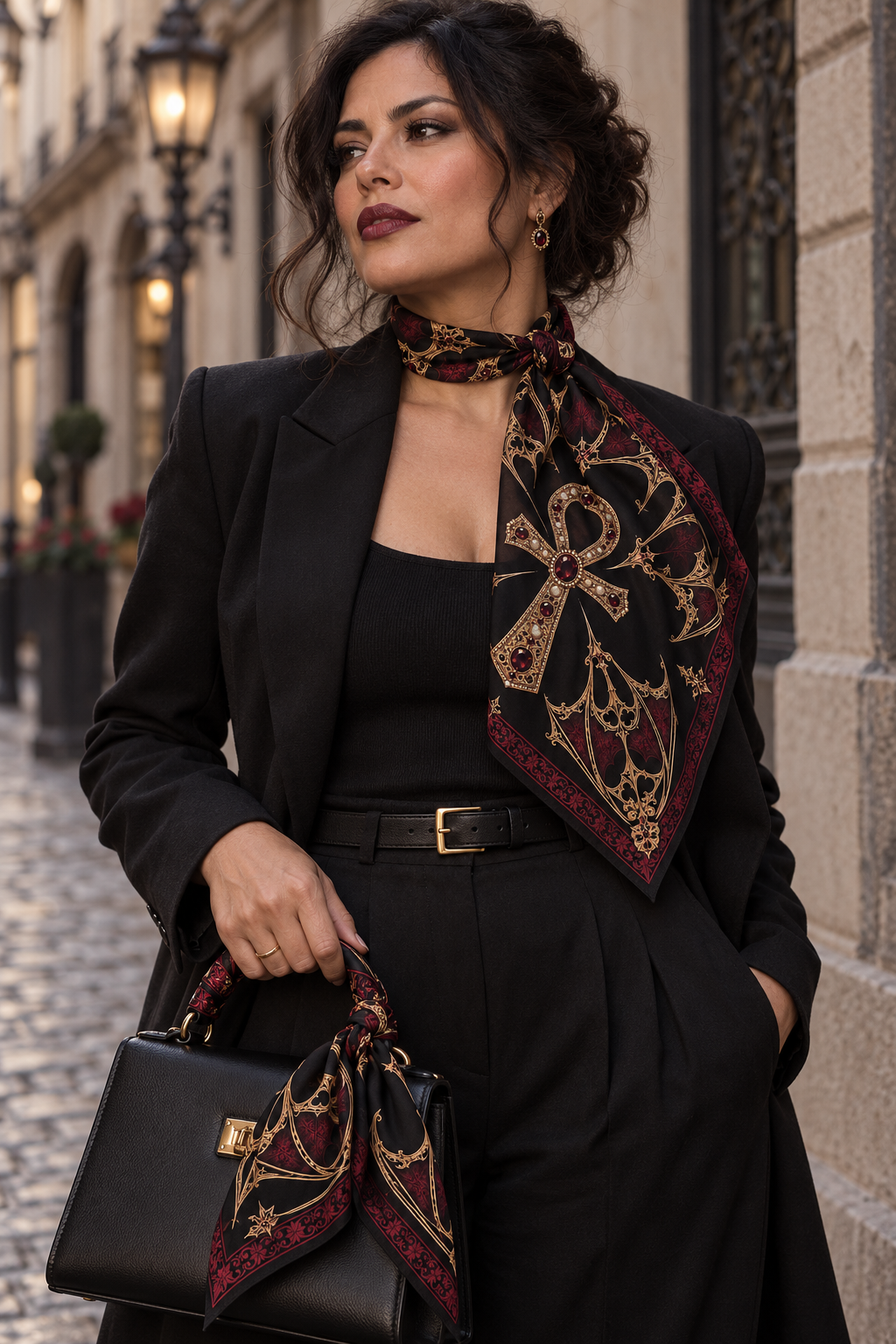 Gothic Ankh Silk-Feel Scarf — Ornate Egyptian Cross Pattern, Vintage Dark Red & Gold