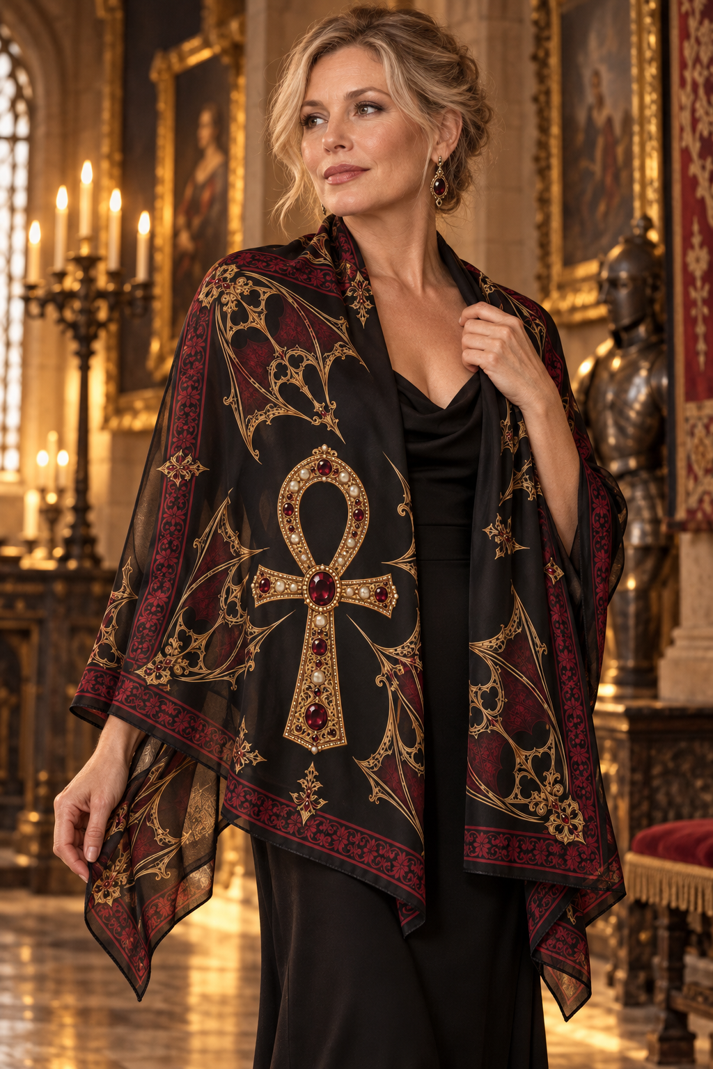 Gothic Ankh Silk-Feel Scarf — Ornate Egyptian Cross Pattern, Vintage Dark Red & Gold