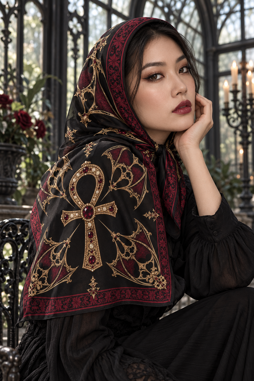 Gothic Ankh Silk-Feel Scarf — Ornate Egyptian Cross Pattern, Vintage Dark Red & Gold