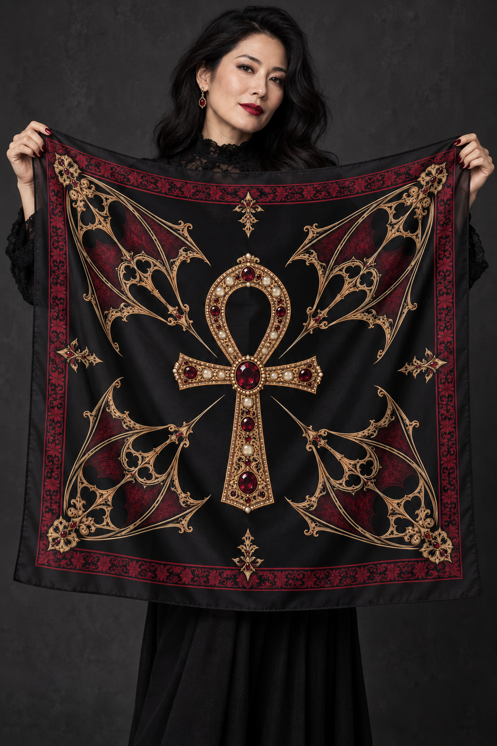 Gothic Ankh Silk-Feel Scarf — Ornate Egyptian Cross Pattern, Vintage Dark Red & Gold