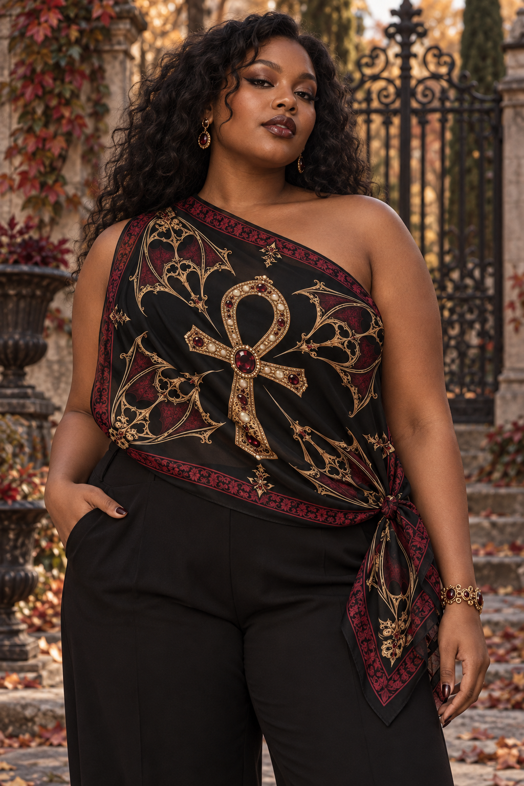 Gothic Ankh Silk-Feel Scarf — Ornate Egyptian Cross Pattern, Vintage Dark Red & Gold