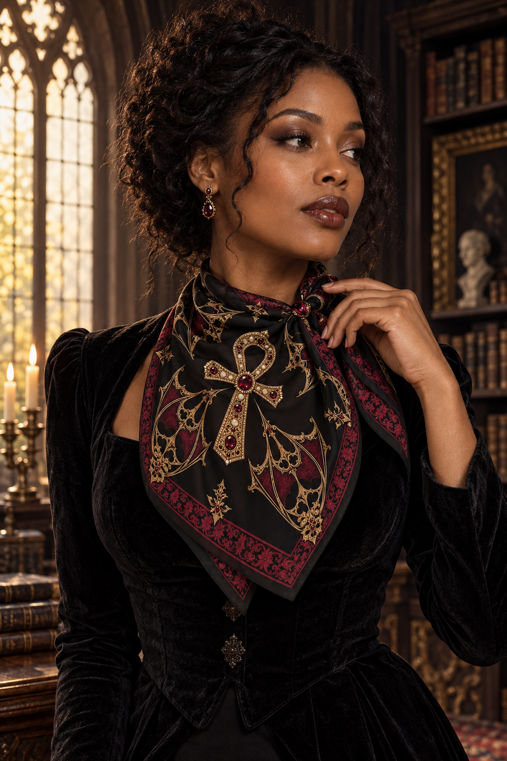 Gothic Ankh Silk-Feel Scarf — Ornate Egyptian Cross Pattern, Vintage Dark Red & Gold